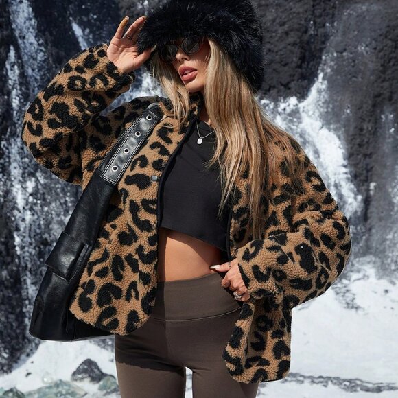 Casual Women's Street Style Random Leopard Fluffy Trim Short Jacket Coat - Picture 2 of 8
